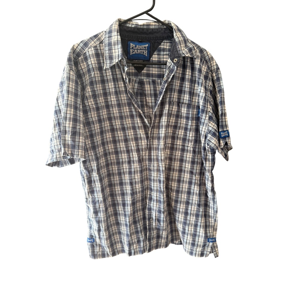Planet Earth Y2k Skater Grunge Blue White Plaid Short Sleeve Button Down Shirt L